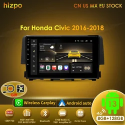 Hizpo android 13 multimídia dsp do carro para honda civic 10th 2016-2021 rádio vídeo navegação unidade principal estéreo tela qled carplay