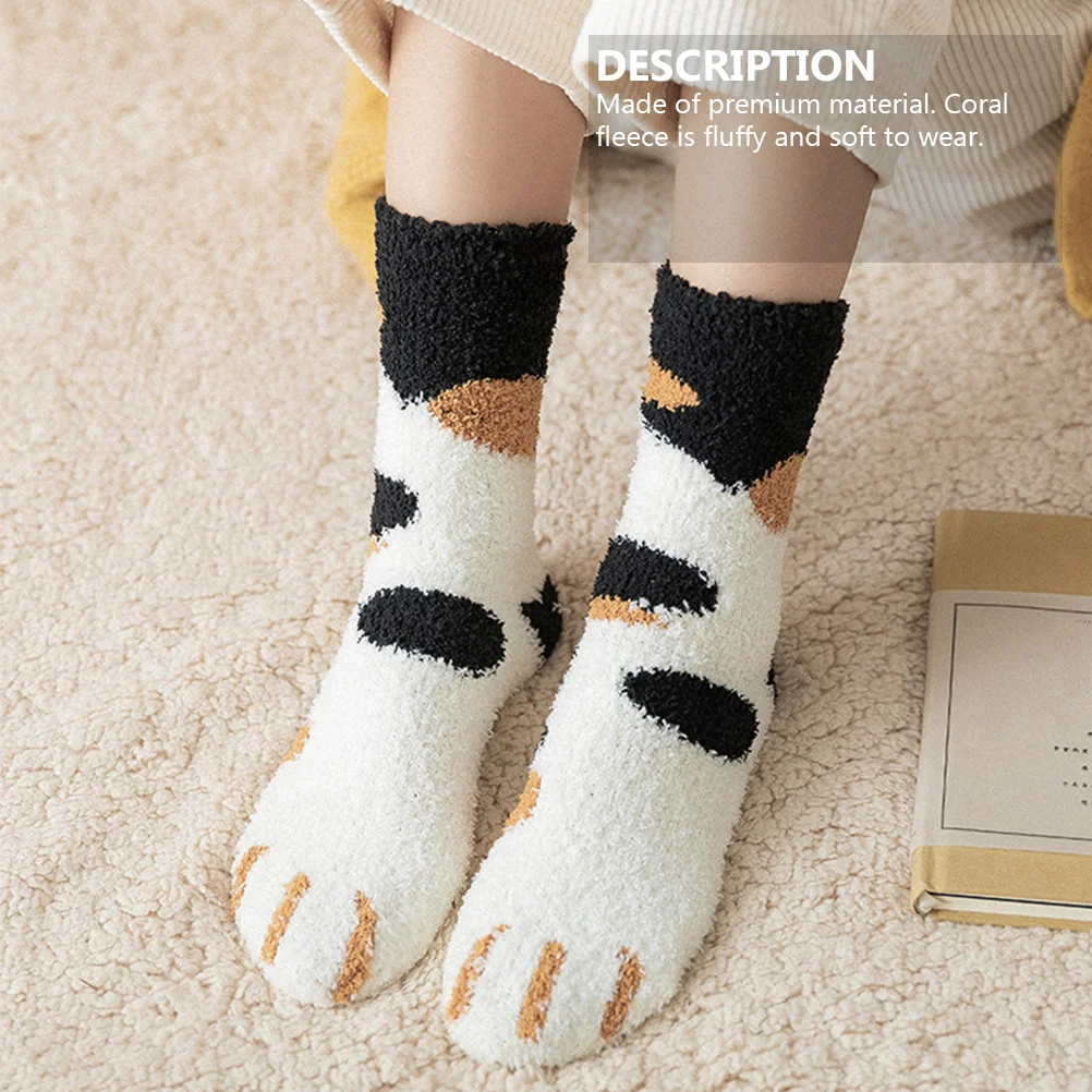 6 Pairs Cute Slippers Coral Fleece Floor Socks Sleep Stockings Winter Cat Paw Pattern Sports Women Fuzzy Bed Women's