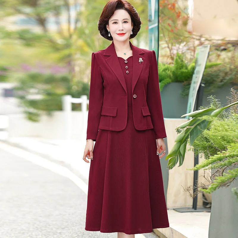 

Spring Middle-aged Women Two-piece Suit Banquet Casual Sets Short Blazers Sleeveless A-line Dresses Mama 2-piece Sets