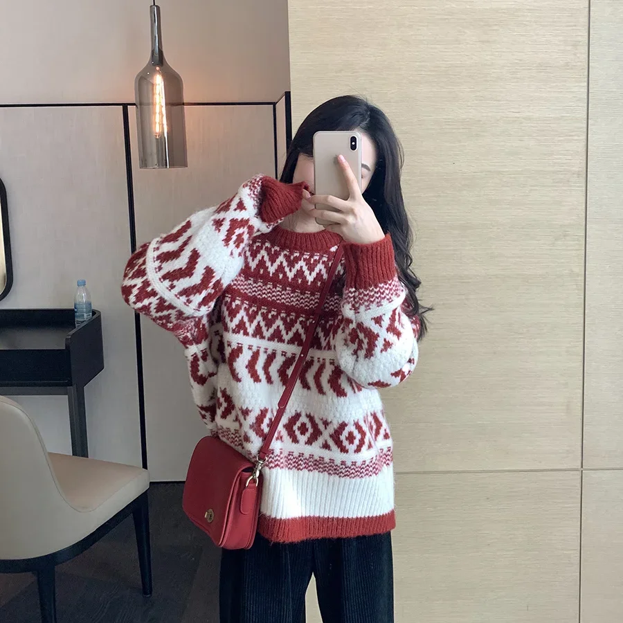 Gagarich 2024 New Women Trendy Celebrity Retro Loose Jacquard Ethnic Thickened Pattern Geometric New Year Christmas Sweater