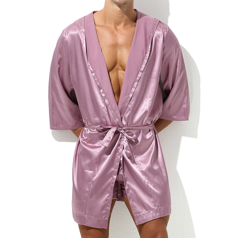 Mens Robe Sets Loungewear Open Front Hooded Night-robe Satin Sleepwear Belted Kimono Half Sleeve Bathrobe Nightwear Pyjama