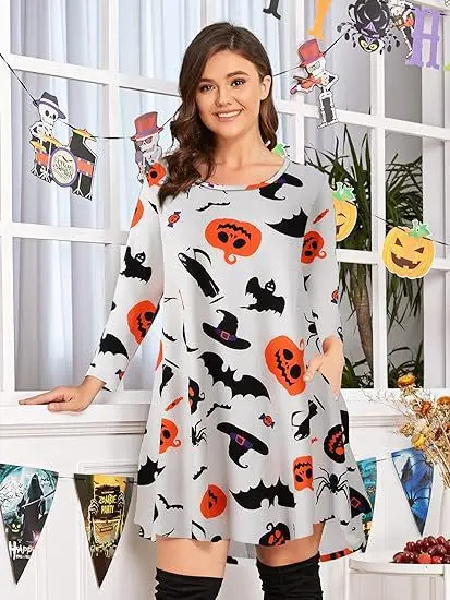 Women’s Casual Trendy Halloween Printed O-neck Long Sleeve Above Knee Length Dresses Autumn Winter New Fashion Female Clothes