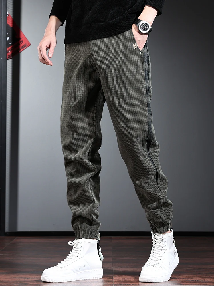 Men's Black Baggy Corduroy Pants Autumn Fashion Casual Side Stripe Elastic Waist Trousers