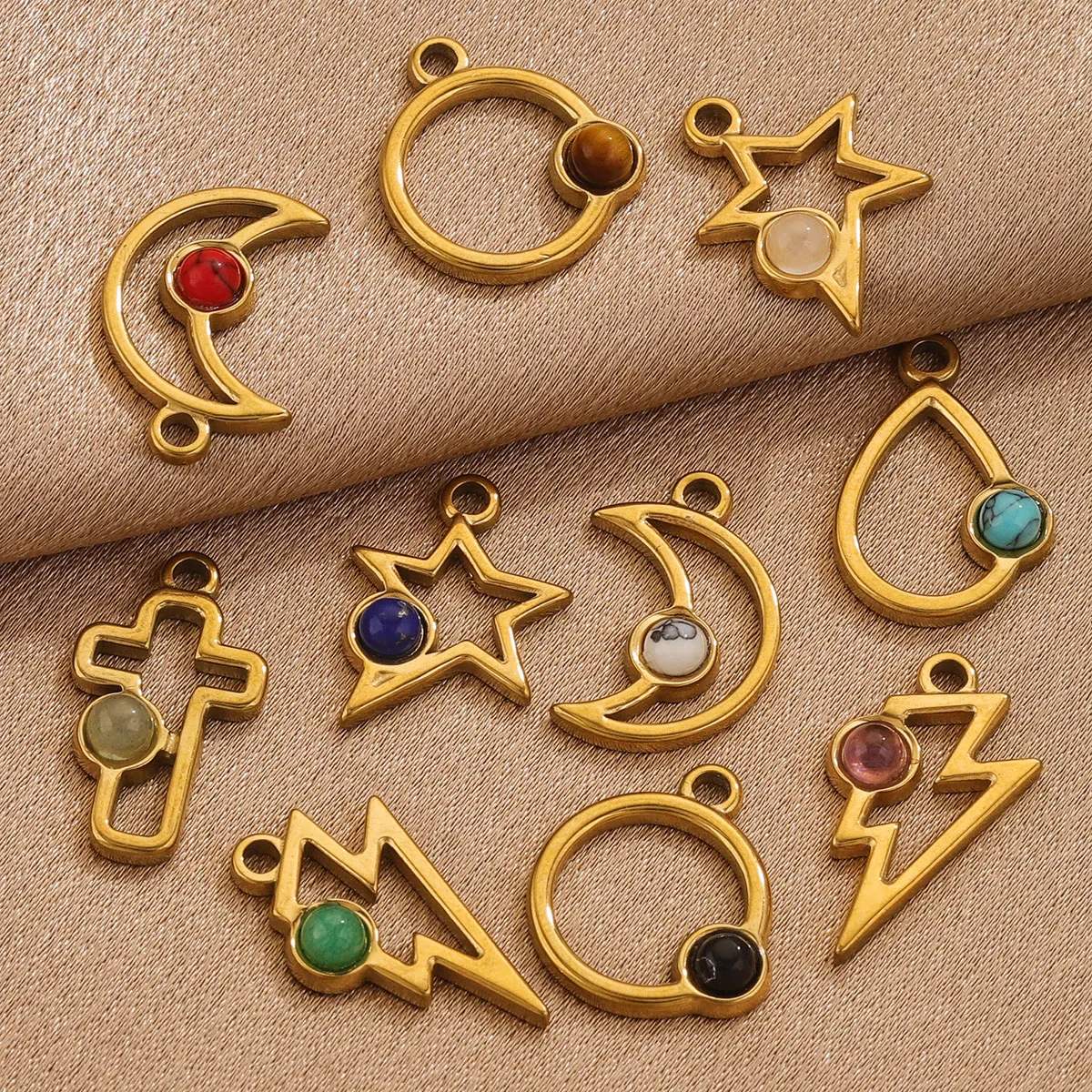 5 Stuks Van Roestvrij Staal Geometrische Waterdichte Pvdgold Plated Charm Set Natuursteen Pendantdiyarmband Ketting Oorbellen Sieraden