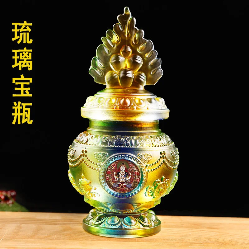 

17.5cm Liuli Auspicious Mani Aquarius Buddhist Altar Worship Tibetan Bottle