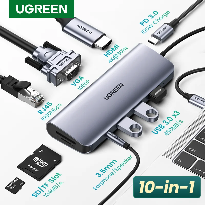 UGREEN USB C HUB 4K HDMI Adapter Type-C to RJ45 USB 3.0 PD 100W VGA 3.5mm Dock for MacBook Pro Air Laptop USB-C 3.1 Splitter