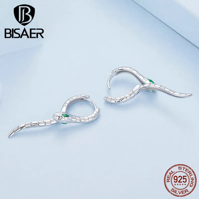 BISAER 925 Sterling Silver Snake Hoop Earrings Green Zircon Animal Ear Clips Plated Platinum For Women Party Fine Jewelry EFE792 image 3