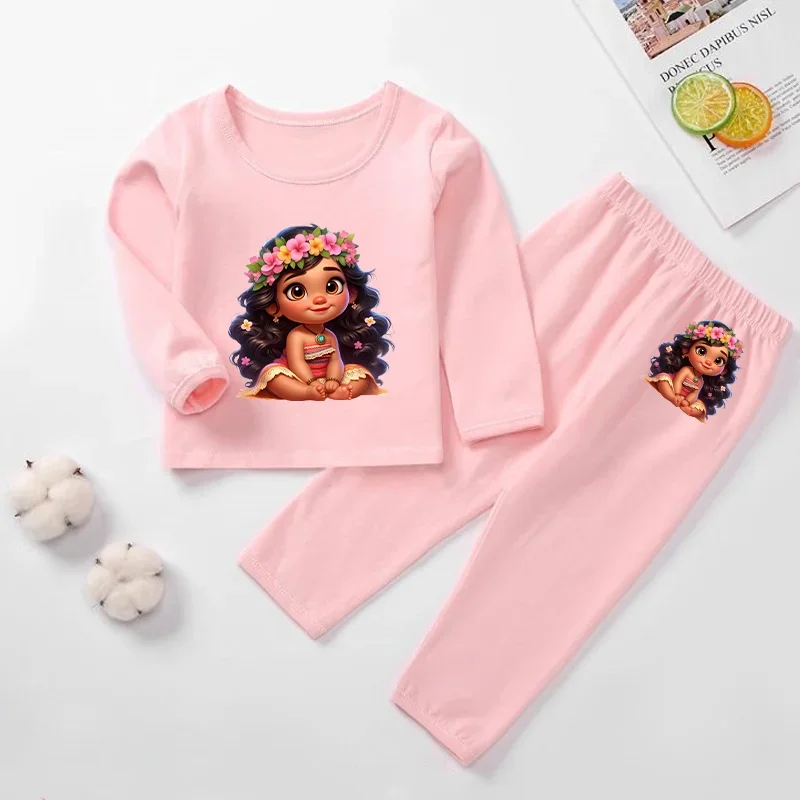 Moana Loungewear 잠옷 가을 면화 인쇄 긴팔 바지 o 넥 두꺼운 세트 키즈 투피스 세트 따뜻한 잠옷 선물