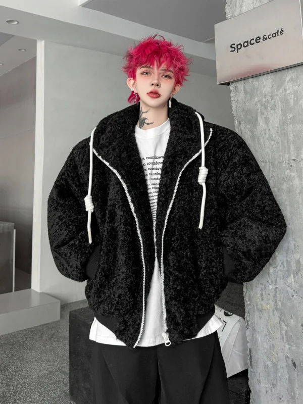 

Handmade Thiened Cotton Jaet with Hood for Men Winter Warm Outerwear Open Cardigan Sle Lamb Fur Lined Loose Fit