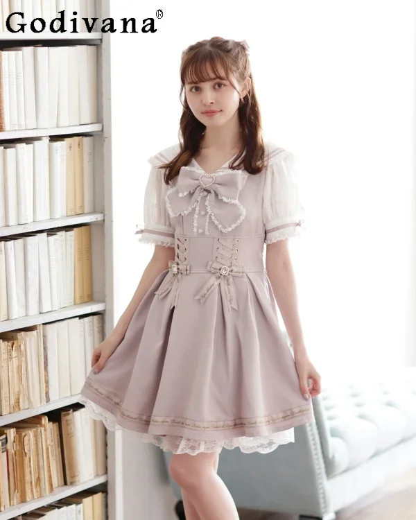 Japanese Liz Mine Mass-Produced Sweet Sailor Collar Short Sleeve Dress Women's Spring and Summer Lace Bow Above Knee Dresses