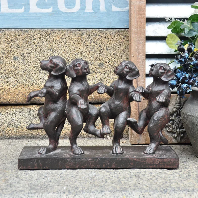 Retro Imitation Iron 4pcs Dancing Dog Figurines Fairy Garden Home Houses Decoration  Creative Animal Crafts Accessories