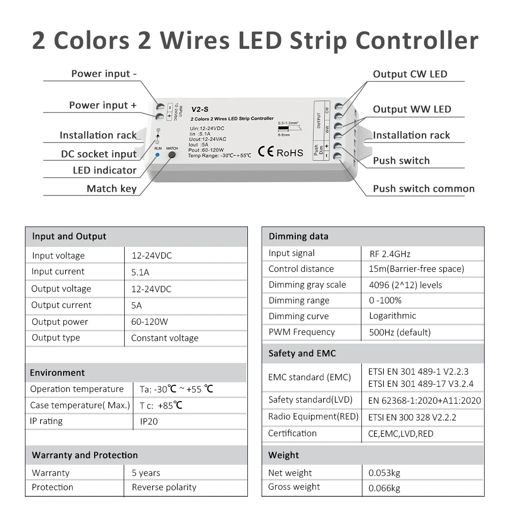 2 Wires CCT LED Controller 12V 24V DC 1CH 5A Wireless RF 2.4G Dual White Remote Control Receiver for WW CW LED Strip Lights V2-S