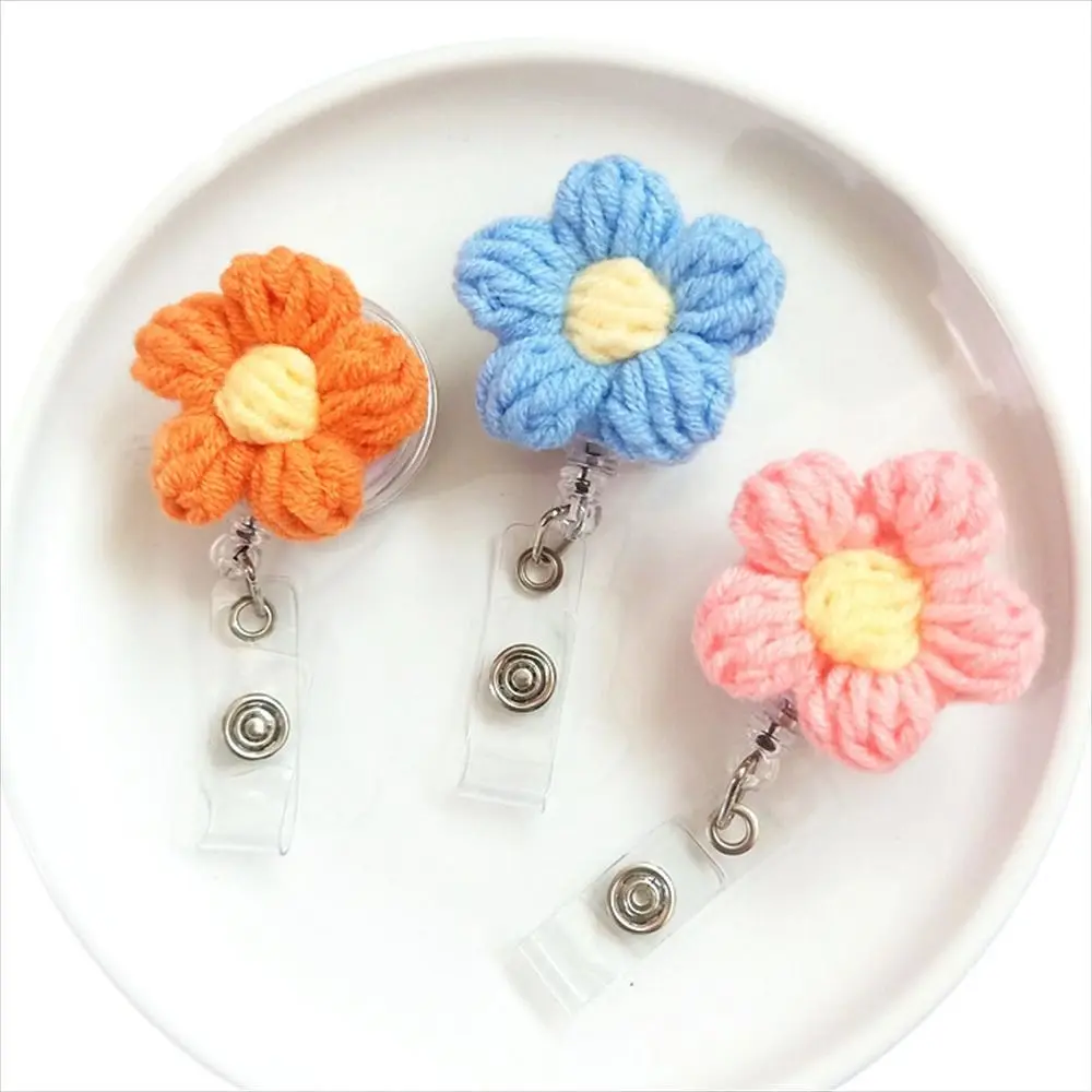 ID Card Badge Holder Wool Nurse Badge Reel Retractable Knit Flora Flower Badge Holder 3D ID Card Easy Pull Buckle Hospital Use