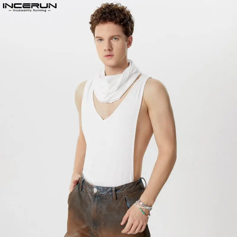 INCERUN Tops 2024 Korean Style Mens Thin Knitted Low Neck Scarf Vests Casual Streetwear Sexy Hot Sale Sleeveless Tank Tops S-3XL