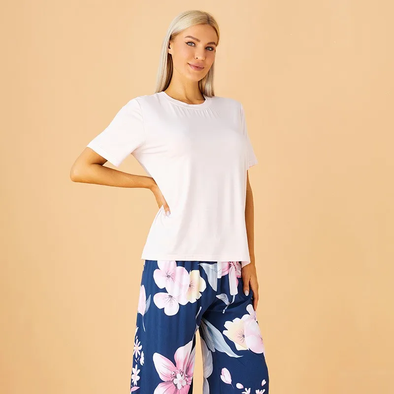 Conjunto de pijama estampado de manga curta feminina, terno solto de pijama feminino casual, confortável, 2 peças