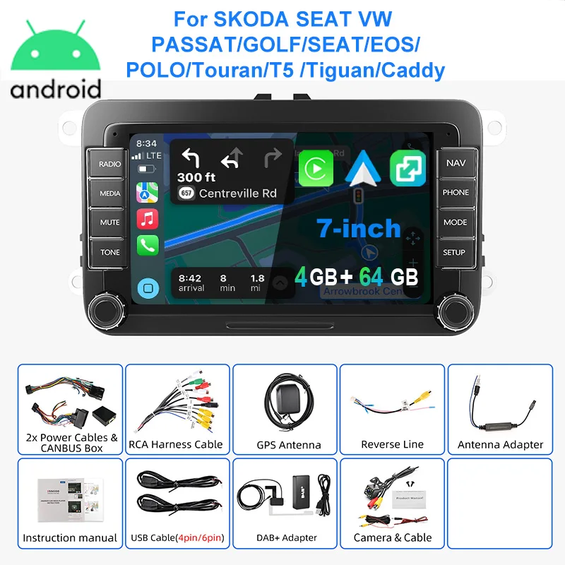 ESSGOO Autoradio Android15 7" 4+64 GB / 6+128 GB für VW Golf 5 6 Passat Polo 6R Touran Tiguan Caddy EOS Jetta Seat Skoda Wireless CarPlay Android Auto GPS Navigation RDS FM Bluetooth Mirror Link