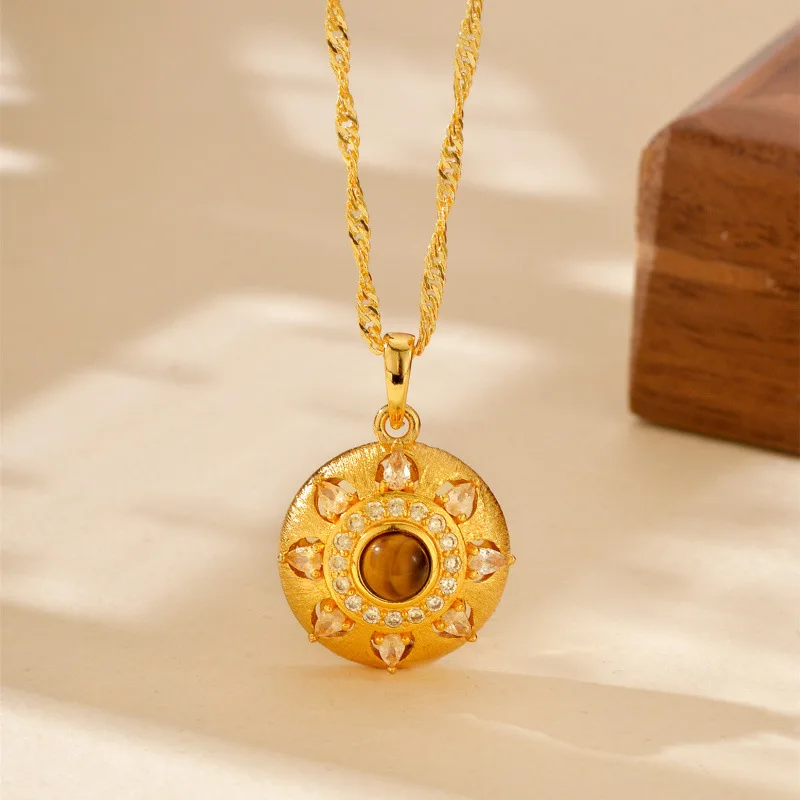 

Luxury 24K 9999 Pure Gold real gold Women's Sunflower Baimang Star Tiger Eye Pendant Necklace