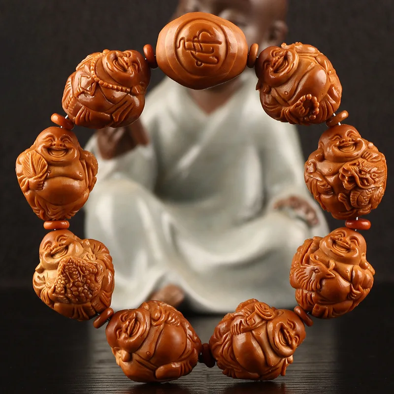 Authentic Nut Bracelet Hand Carved Eight Big AuspiciousMaitreya 2.0 Large Seeds Stone Olive Kernel Carving