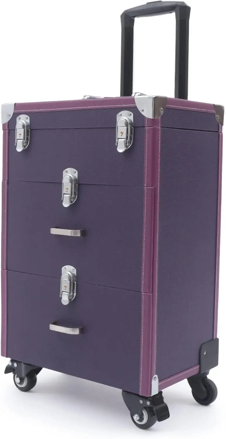 Donsu 3-Tier Rolling Makeup Train Case Large Storage Cosmetic Trolley, Salon Nail Polish Storage Box Jewelry Organizer