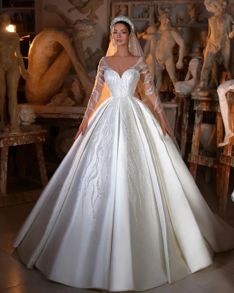 Customized Elegant Satin Bride Dress with Illusion Sleeves Beaded Appliques Ballgown Wedding Dresses for Women 2025 Bridal Gown