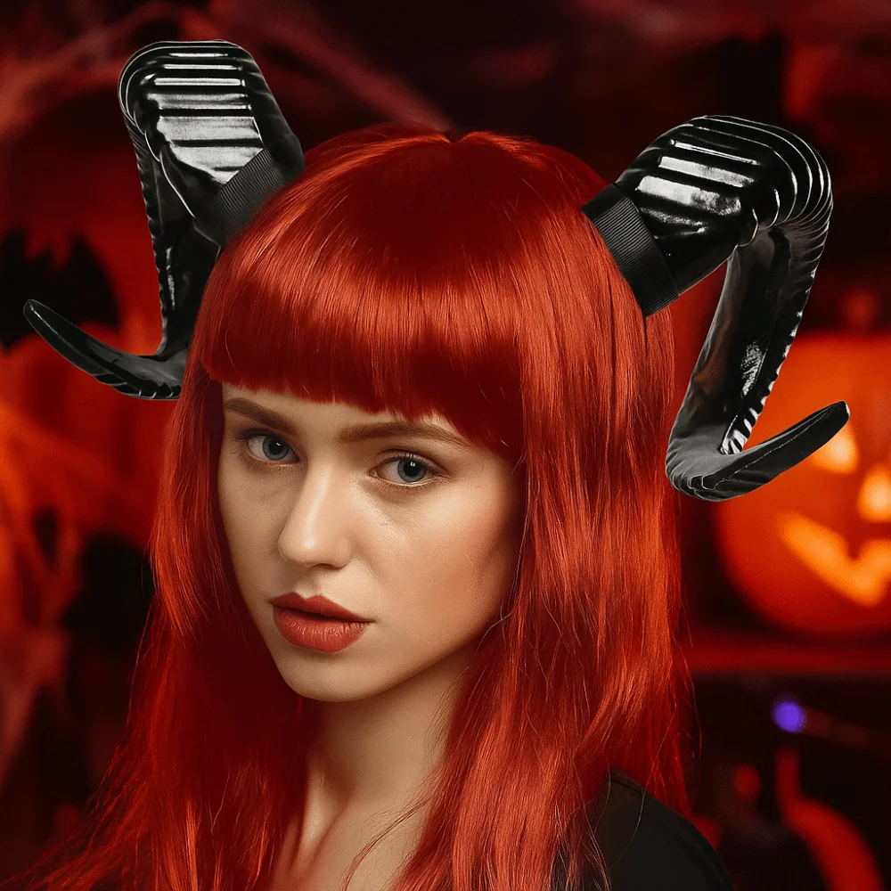 Künstliche schwarze Dämonenhorn-Kopfbedeckung, realistisches Gothic-Halloween-Teufel-Stirnband, Unisex, wiederverwendbares Ziegenhorn-Haarband, Foto