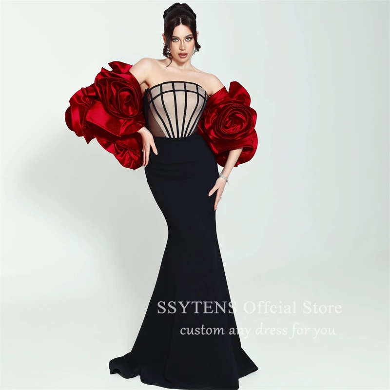 SSYTENS Luxury Red 3D Flowers Formal Occasion Dresses 2024 Mermaid Strapless Sexy Pleated Party Prom Evening Gown فساتين الحفلات