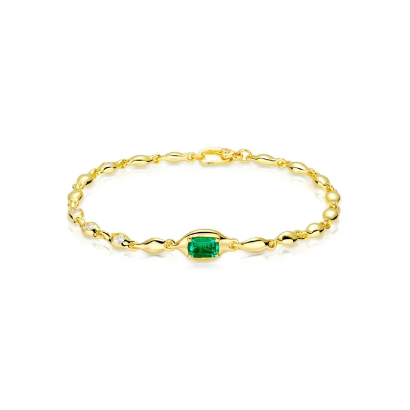 

BELLUX Elegant 925 Silver Gold Plated Bracelet Synthetic Emerald Cubic Zircon Unique Wave Chain Design Fashion Jewelry Gift