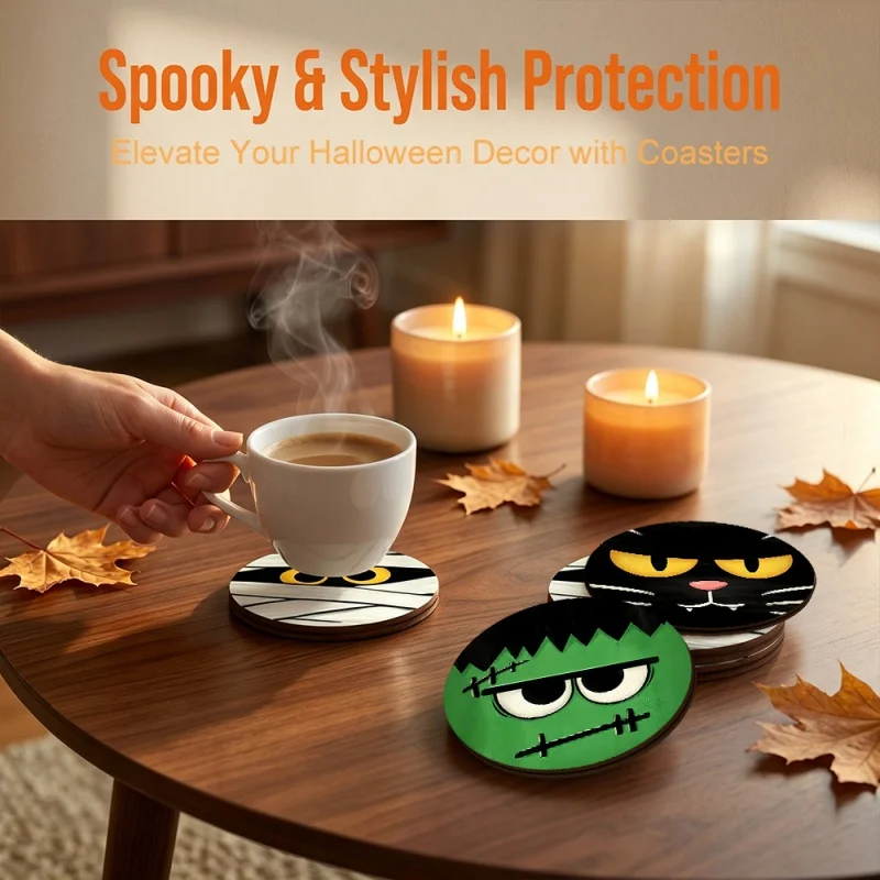 Halloween Wooden Drink Coasters Set Cute Ghost Mummy Pumpkin Print Heat Resistant Coffee Tea Cup Mats Spooky Table Kitchen Decor