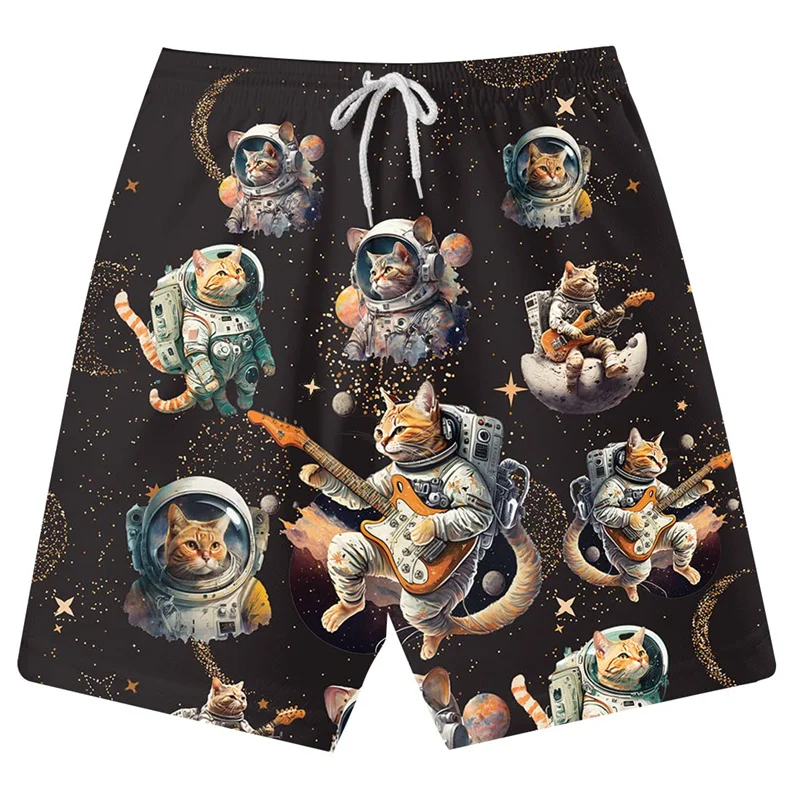 

Cartoon Astronaut Cat Pattern Beach Shorts For Men Summer Street 3d Printed Swimming Trunks Kids Drawstring Loose Boardshorts