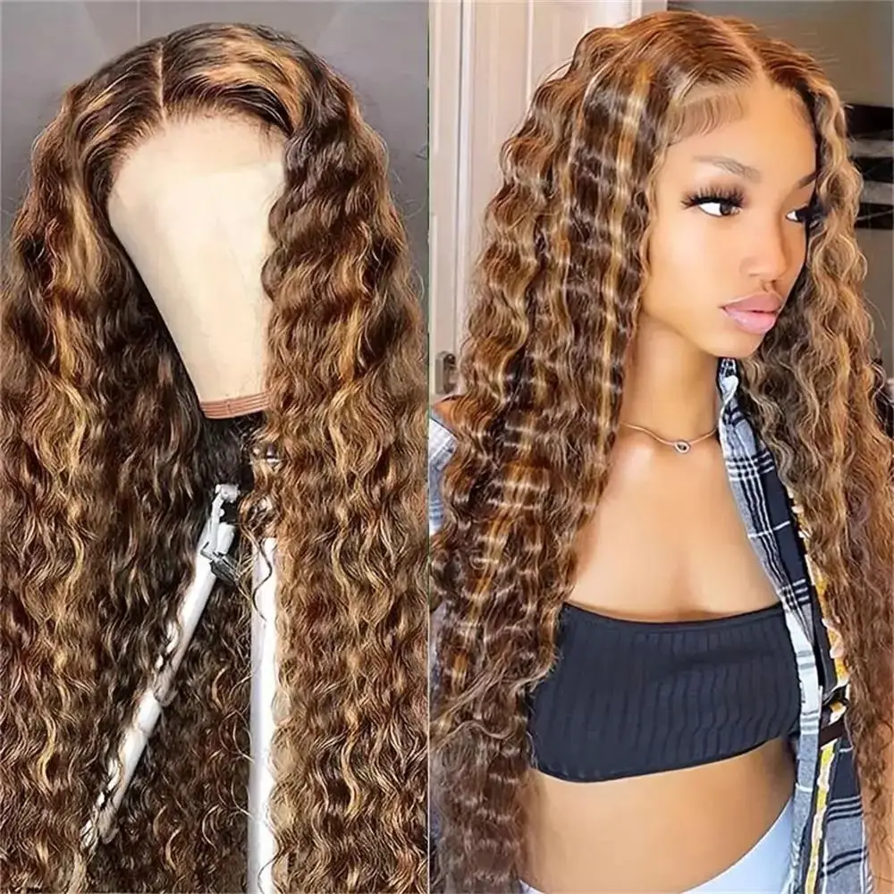 Perruque Lace Front Wig sans colle naturelle, cheveux bouclés, Deep Wave, blond miel ombré, 13x6 HD, 13x4