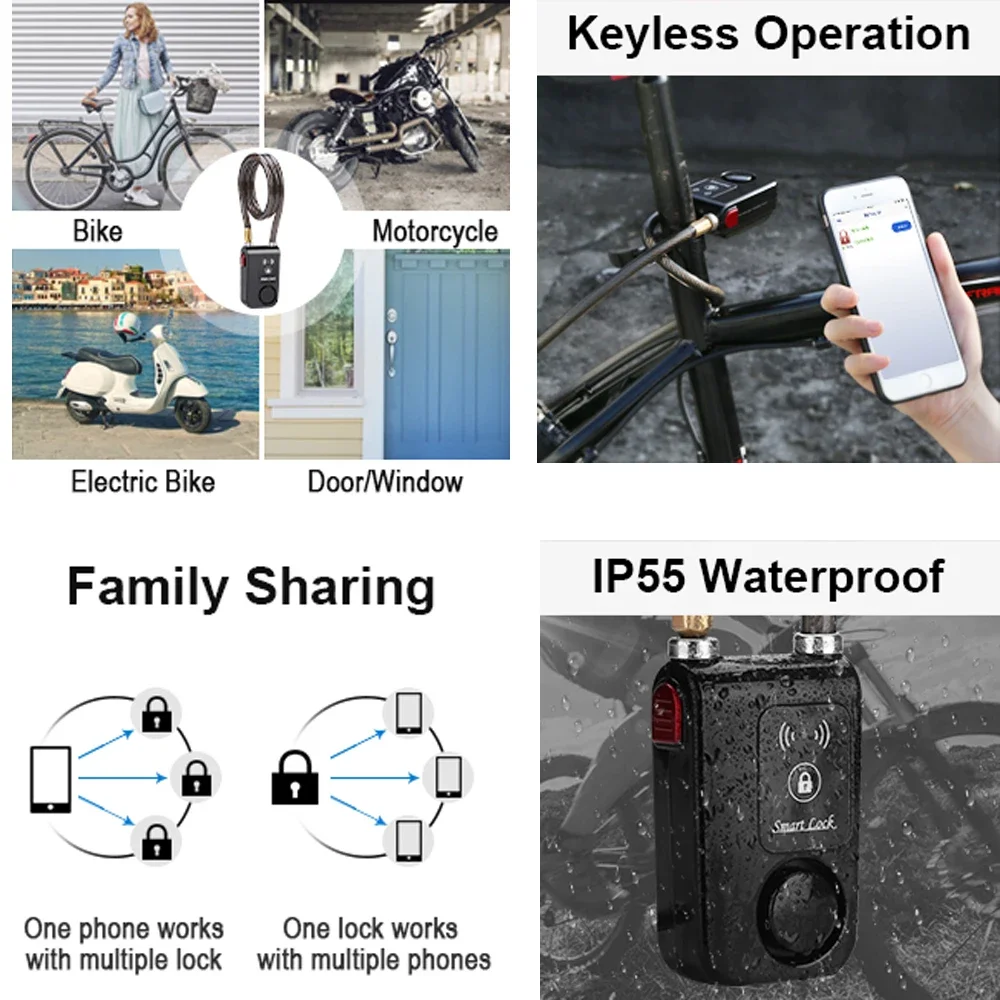 Wsdcam Bluetooth Motorcycle Bike Lock Alarm Waterproof Burglar Vibration Bike Alarm Lock APP Control Security Protection