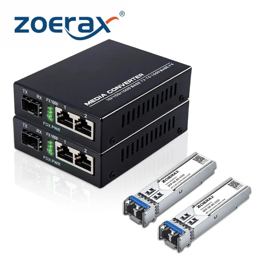 Convertisseur de média fibre optique Gigabit ZoeRax 1 port fibre 1.25G et 2 ports RJ45, module SFP LC monomode
