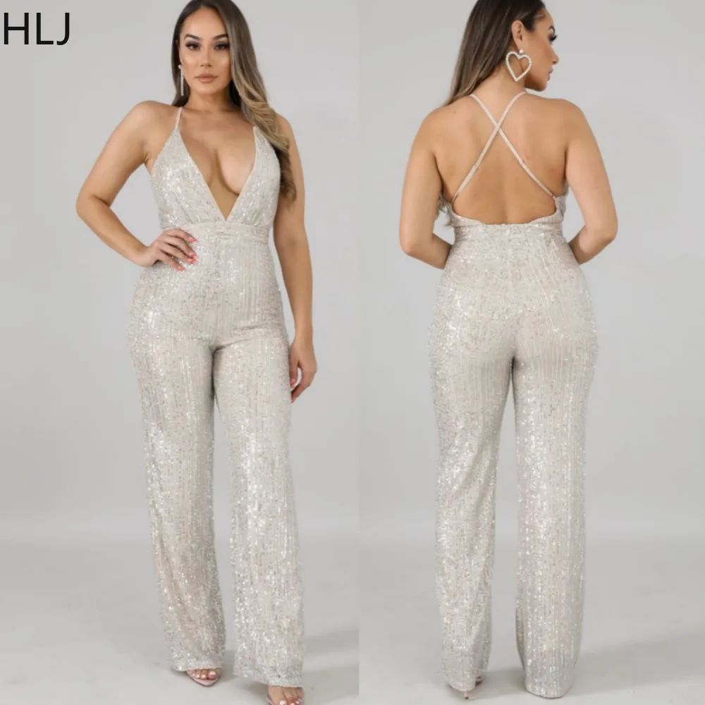 

HLJ Fashion Sequin Backless Suspenders Jumpsuits Women Deep V Sleeveless Wide Leg Pants Playsuits Sexy Lady Party Club Overalls