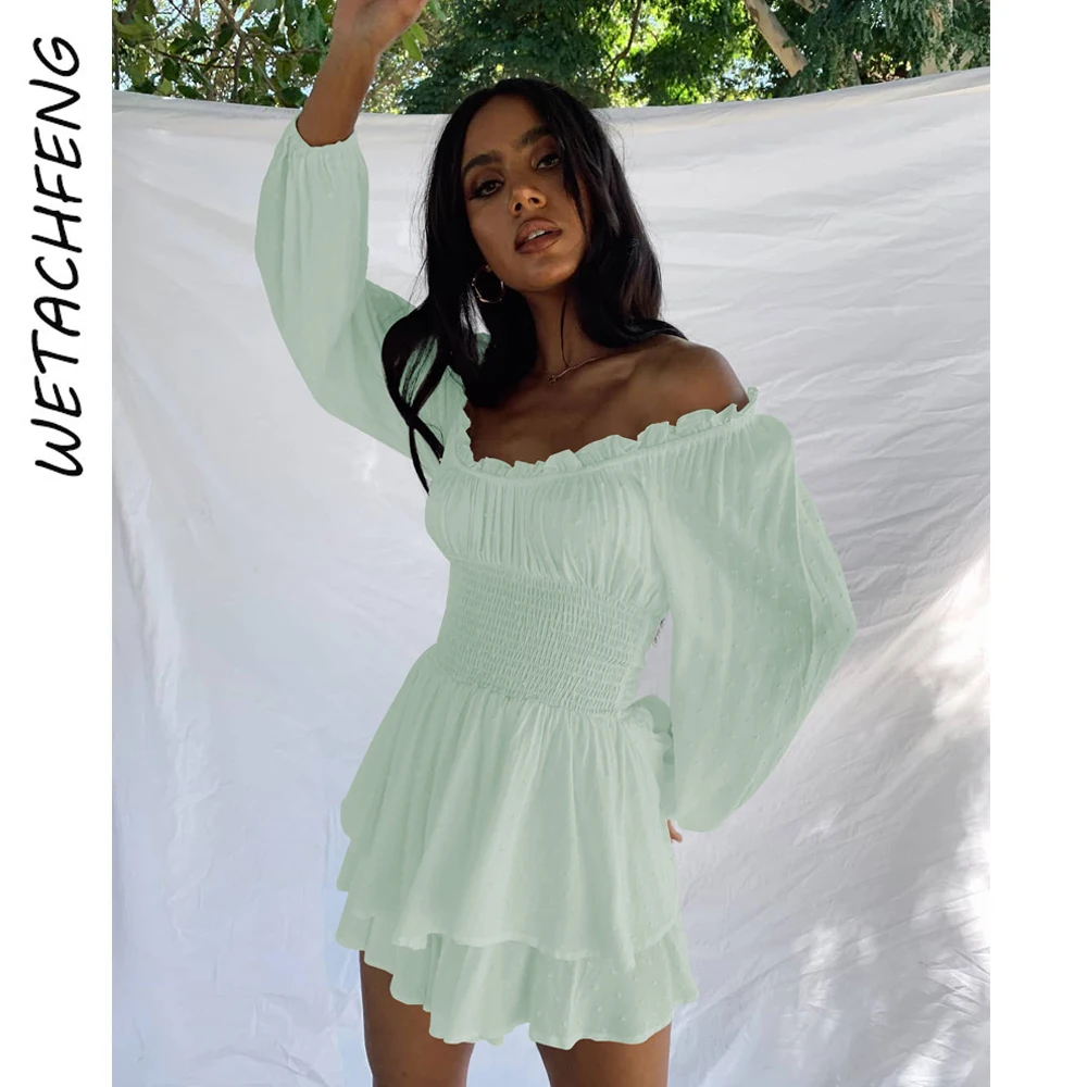 Ruffles Pleated French Women Shorts Jumpsuits Long Sleeve Backless Mini Dress Playsuits Lady Elegant Sexy Holiday Solid Rompers