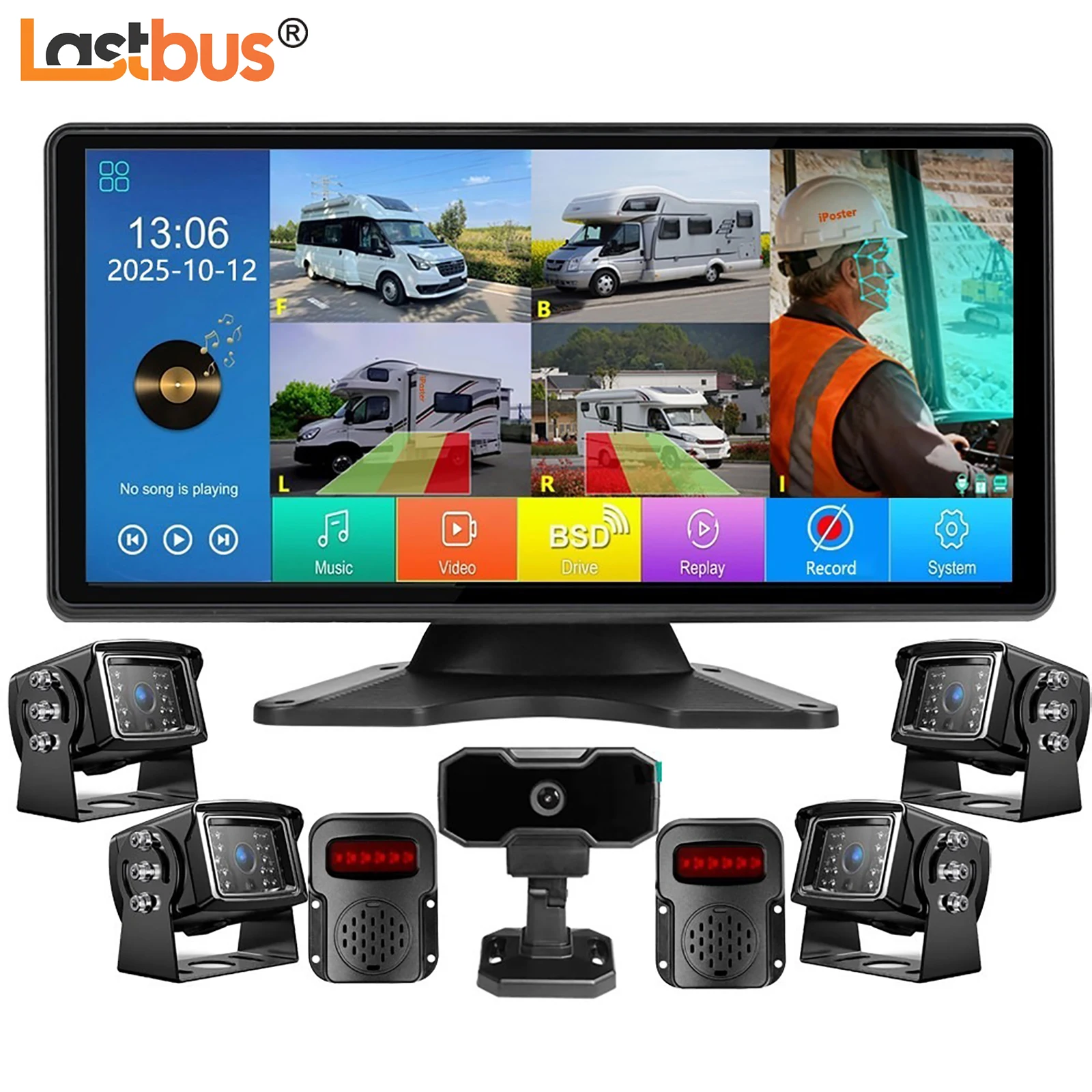 

Lastbus 10.36" 5ch DVR Mp5 USB Split Monitor With BSD Ai Detection + 5x Backup Cameras + 2x Sound Light Alarms kits For Truck