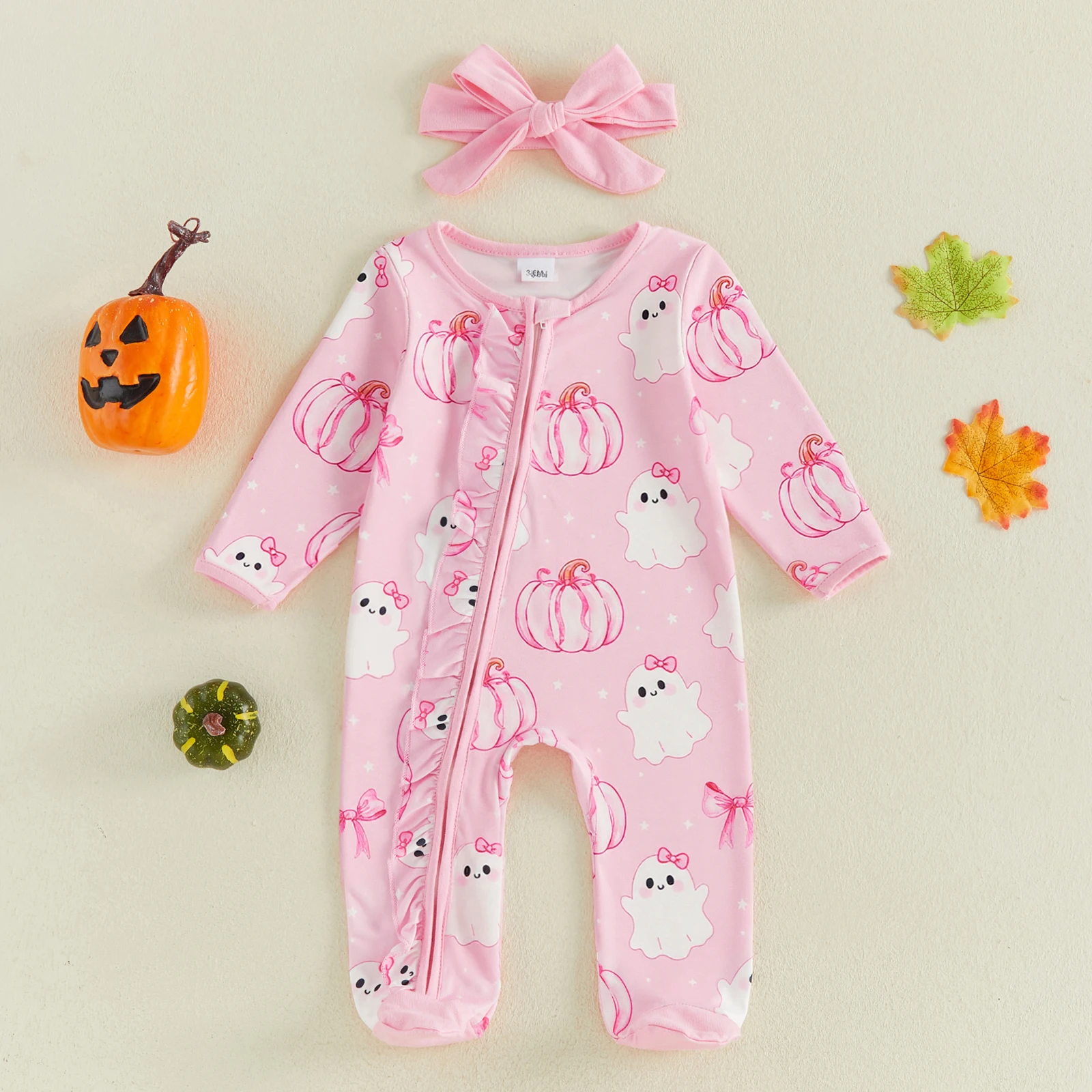 2 Pcs Infant Girl Halloween Outfit Long Sleeve Crew Neck Ghost Ruffle Trim Footed Romper Headband Set Baby Fall Clothes 2