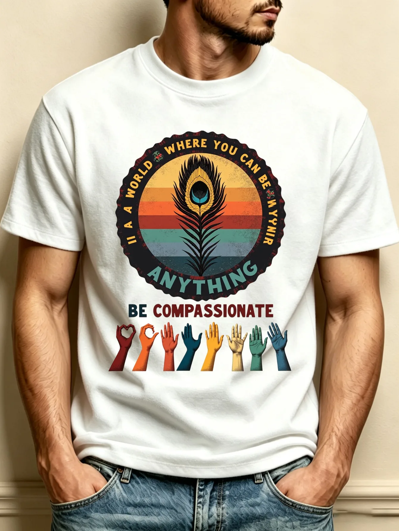 Retro Nostalgic Style Men's T-Shirt, Featuring a Pattern of Peacock Feathers and a World of Diverse Hands Symbolizing Compassion, Spring/Summer Casual Wear, a Great Gift for Those Who Cherish Kindness and Tolerance