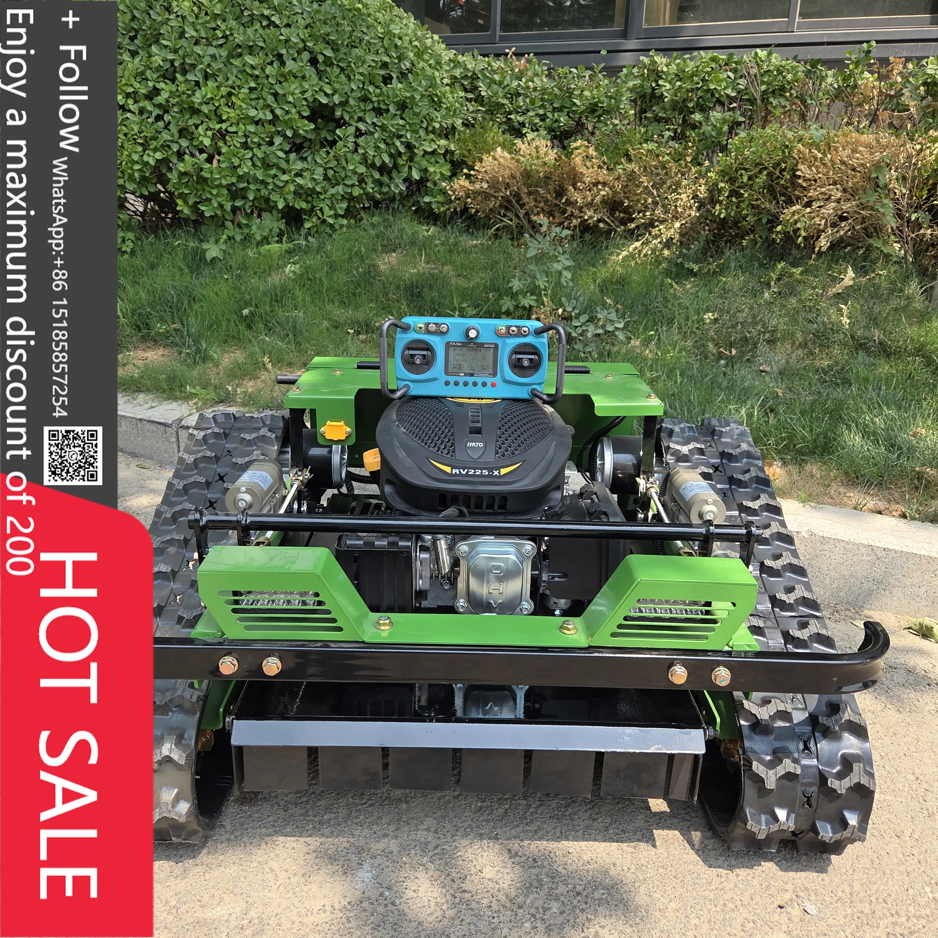 

Terrain Adaptability MAX! Track-Type Design Remote Control Lawn Mower, Effortlessly Maneuvers on Steep Slopes and Gravel Terrain