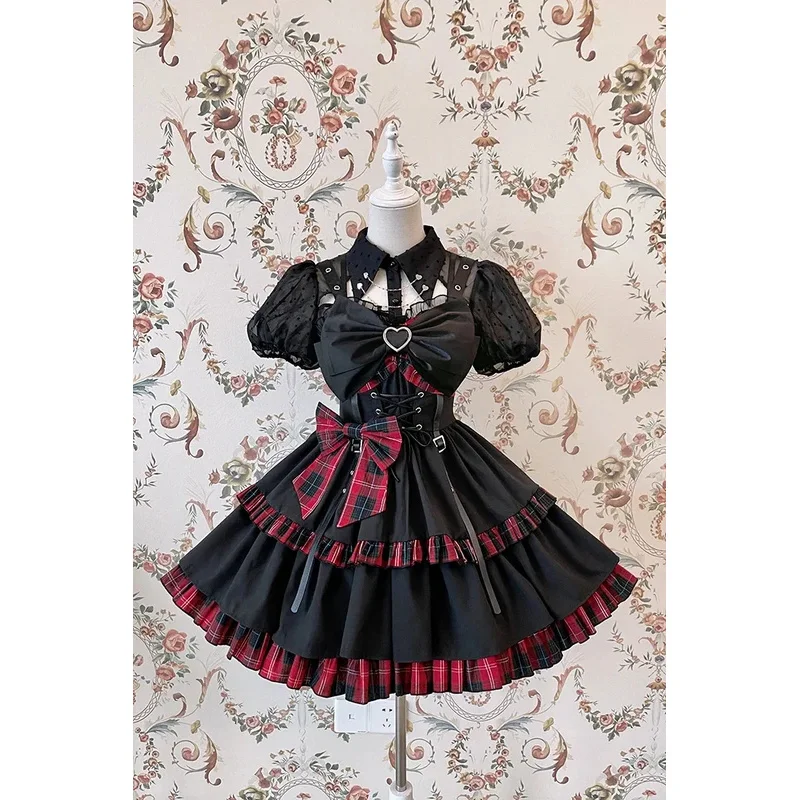 

Одежда Alice Girl Idol 2021, платье Лолиты JSK, красное клетчатое платье без рукавов с оборками и бантами, джемпер в стиле Лолиты на шнуровке, юбка