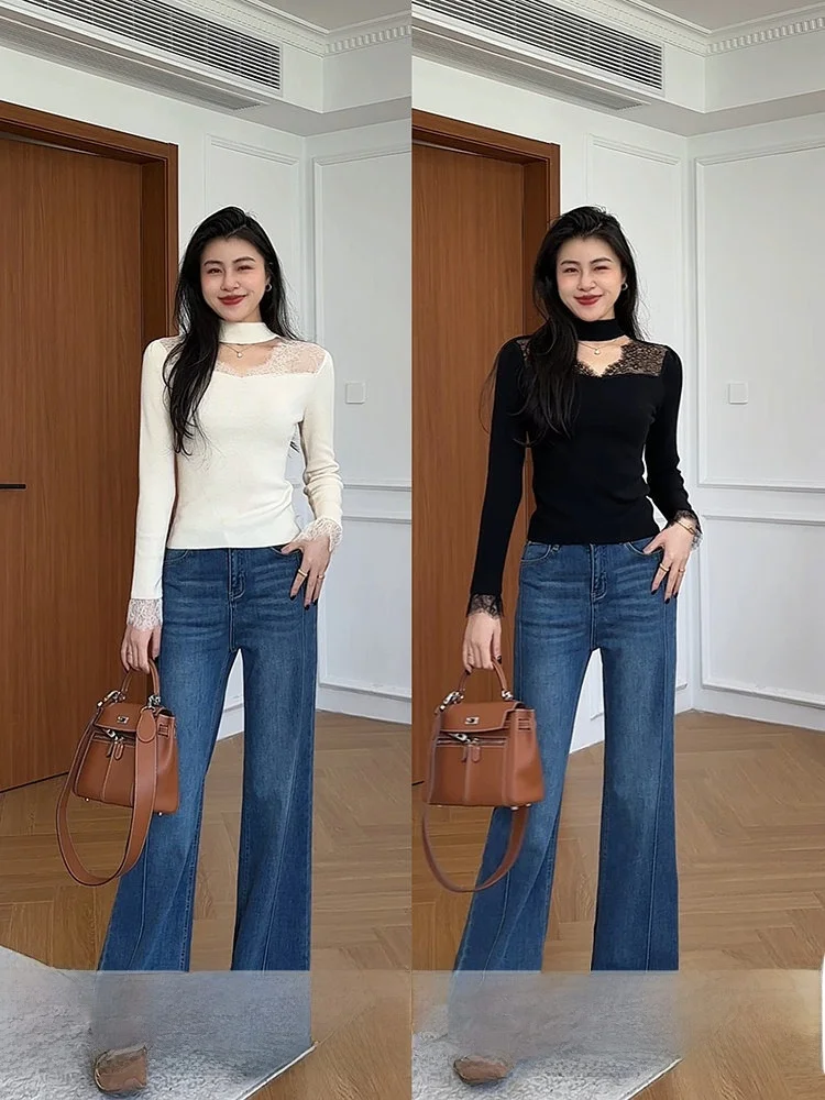 

Однотонный свитер с кружевными вставками и вырезом халтер, зимний, универсальный, для ношения под одеждой, повседневный, приталенный, с длинными рукавами, утепленный, из смесовой шерсти