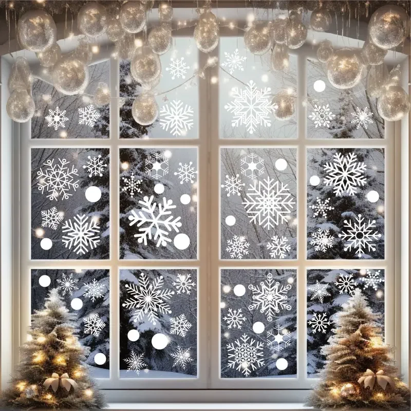 6sheets/set, 114pcs Snowflake Window Stickers, Christmas Decorations, Winter Door Background Decoration, White Snowflake