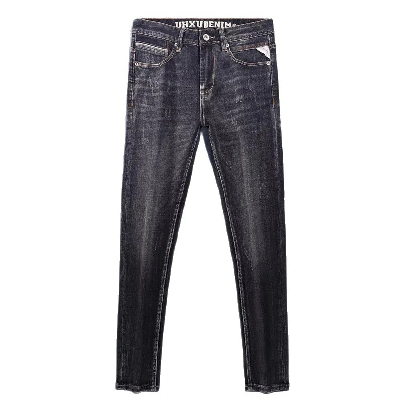 Y2K Newly Designer Fashion Men Jeans Retro Black Gray Stretch Slim Fit Ripped Jeans Men Embroidery Vintage Casual Denim Pants