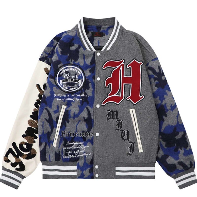 Men Stitching Camouflage Baseball Jacket Harajuku Retro Patchwork Letter Embroidery Bomber Outwear Hip Hop Couple Streetwear New