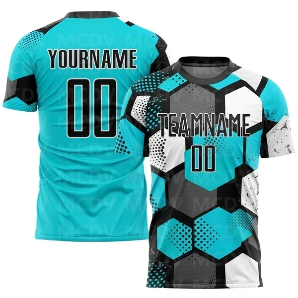 Custom Aqua Black-White Sublimation Soccer Uniform Jersey Short Sleeves Athletic Tee Shirts Unisex Top streetwear