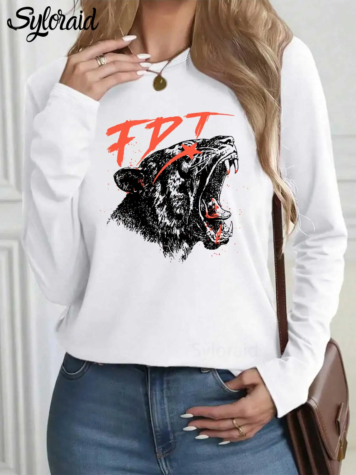 

Women's Long Sleeve T Shirt Subtle FDT T Shirt Fierce Tiger Shirt Fashion Round Neck Casual Top