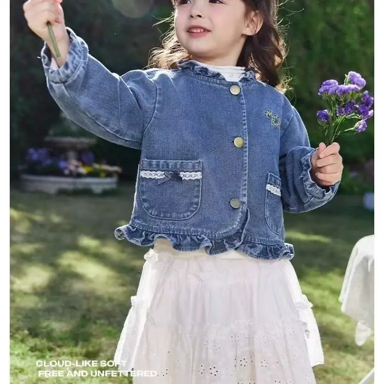 Girls Denim Shirt 2025 Spring and Autumn New Little Girls Coat Cardigan Little Children Fashion Korean Ruffled Coat
