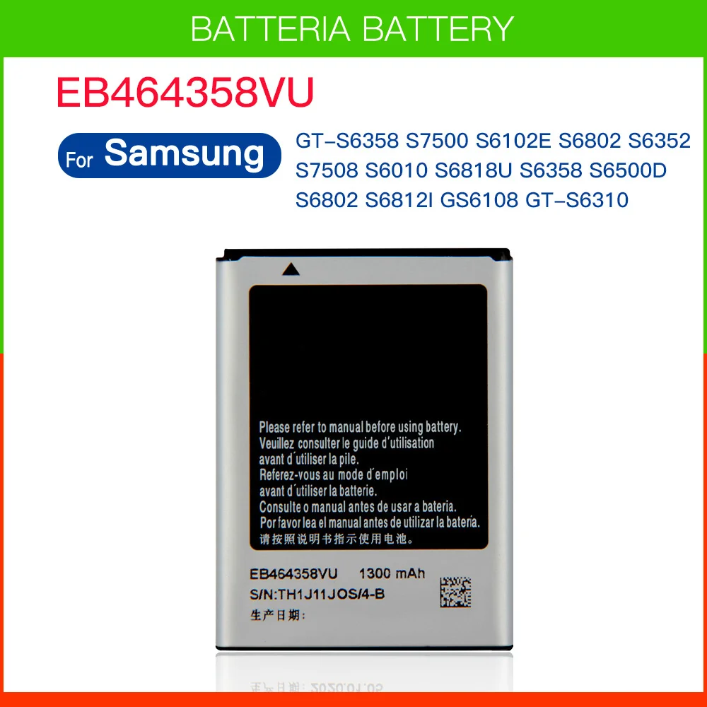 Replacement Battery EB464358VU For Samsung Galaxy GT-S6358 S7500 S6102E S6802 S6352 GS6108 GT-S6310 1300mAh Batteria