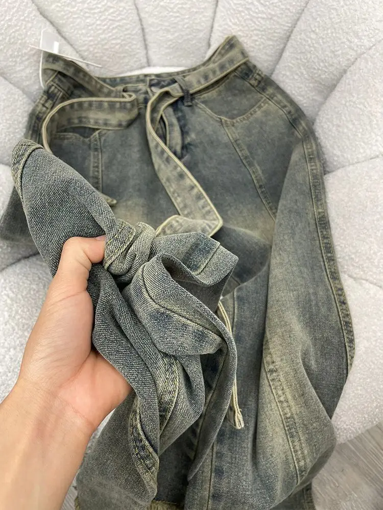 Old Raw Edge High Waist Strappy Wide Leg Style Jeans Women\'S High Street Blue Loose Jeans Wide Leg High Street Straight Pants