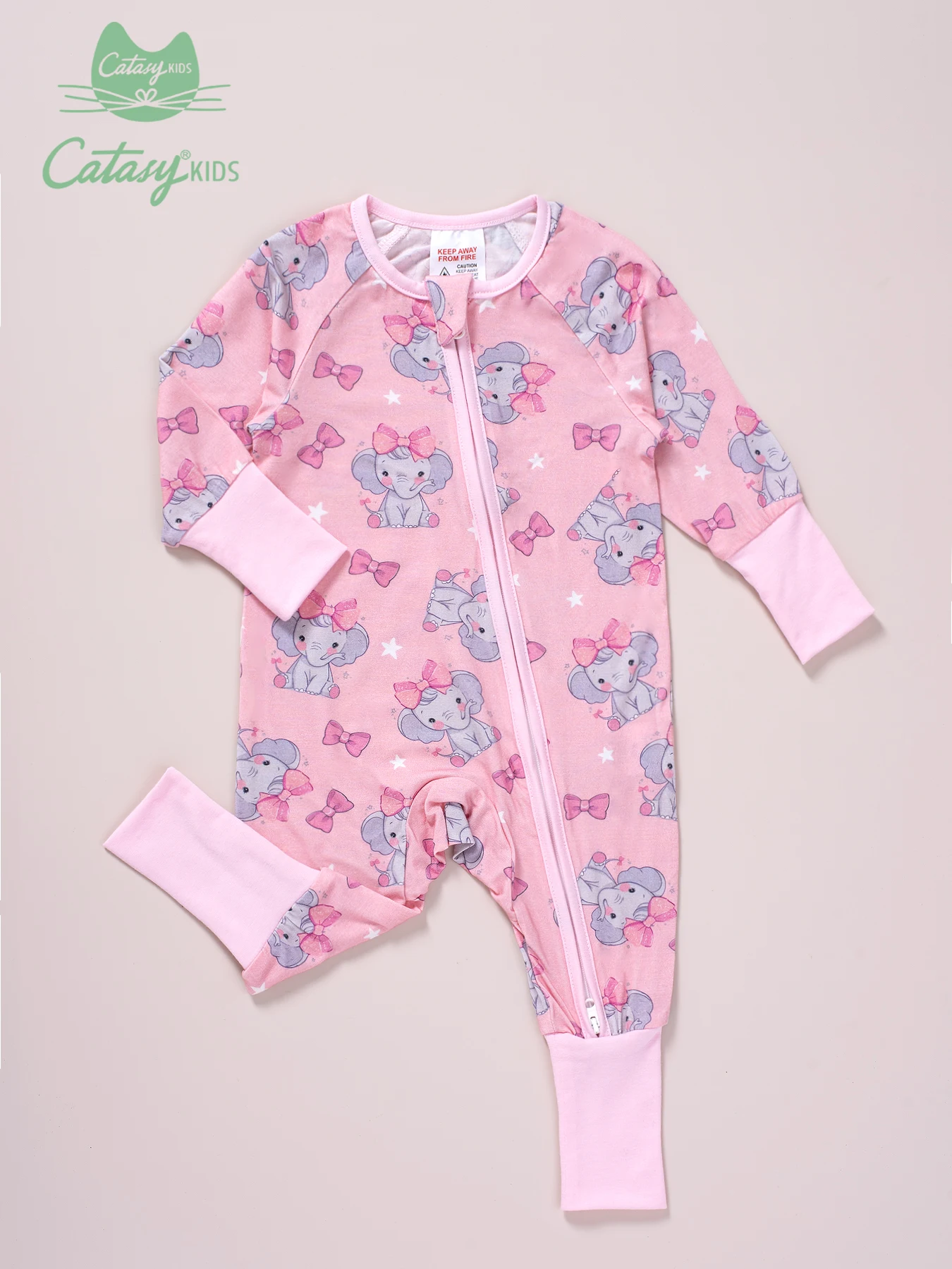 Bamboo Fabric Cute Elephant Print Jumpsuit, Comfy Zip Up Long Sleeve Romper, Toddler & Infant Girl's Bodysuit