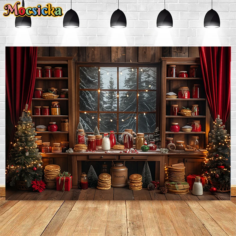 Mocsicka Christmas Kitchen Cupboard Backdrop Kids Family Photography Props Child Adult Photocall Decors Photo Background